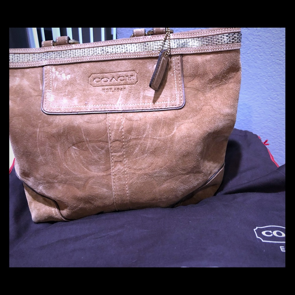 Tan suede Coach tote.